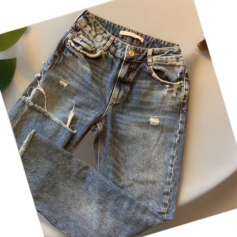 Zara Jeans Women 2 Blue Distressed Fishnet Mesh Straight Leg Denim Trafaluc Edgy